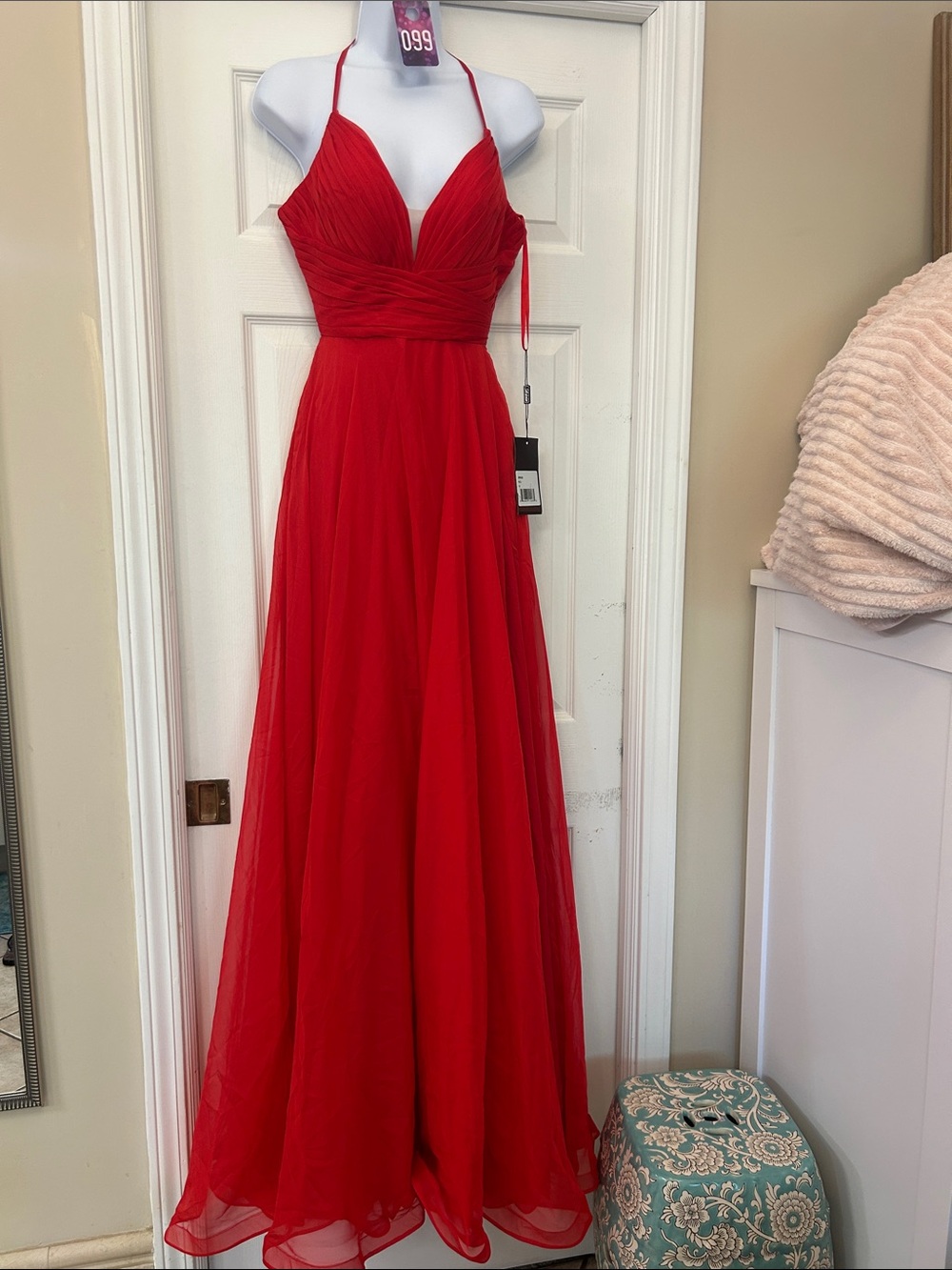 La Femme Red Chiffon Halter Maxi Gown